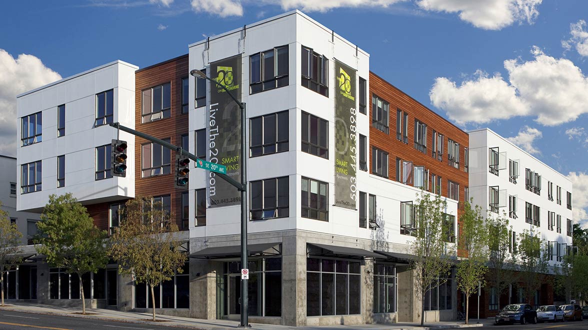 Exterior facade of the office building of The 20 on Hawthorne in Portland